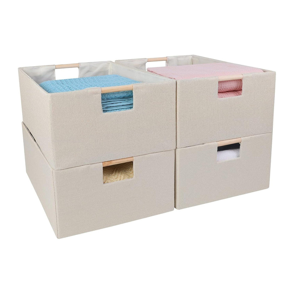 ANMINY 4PCS Fabric Storage Bins Baskets with Wooden Handles, 16.5 x 12 Inch
