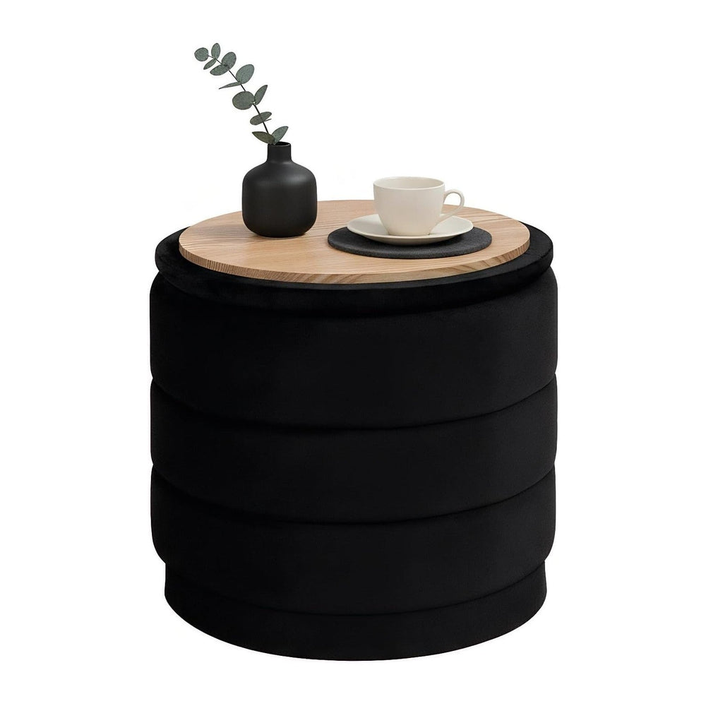 B FSOBEIIALEO 15.4" Round Velvet Storage Ottoman with Tray, Black