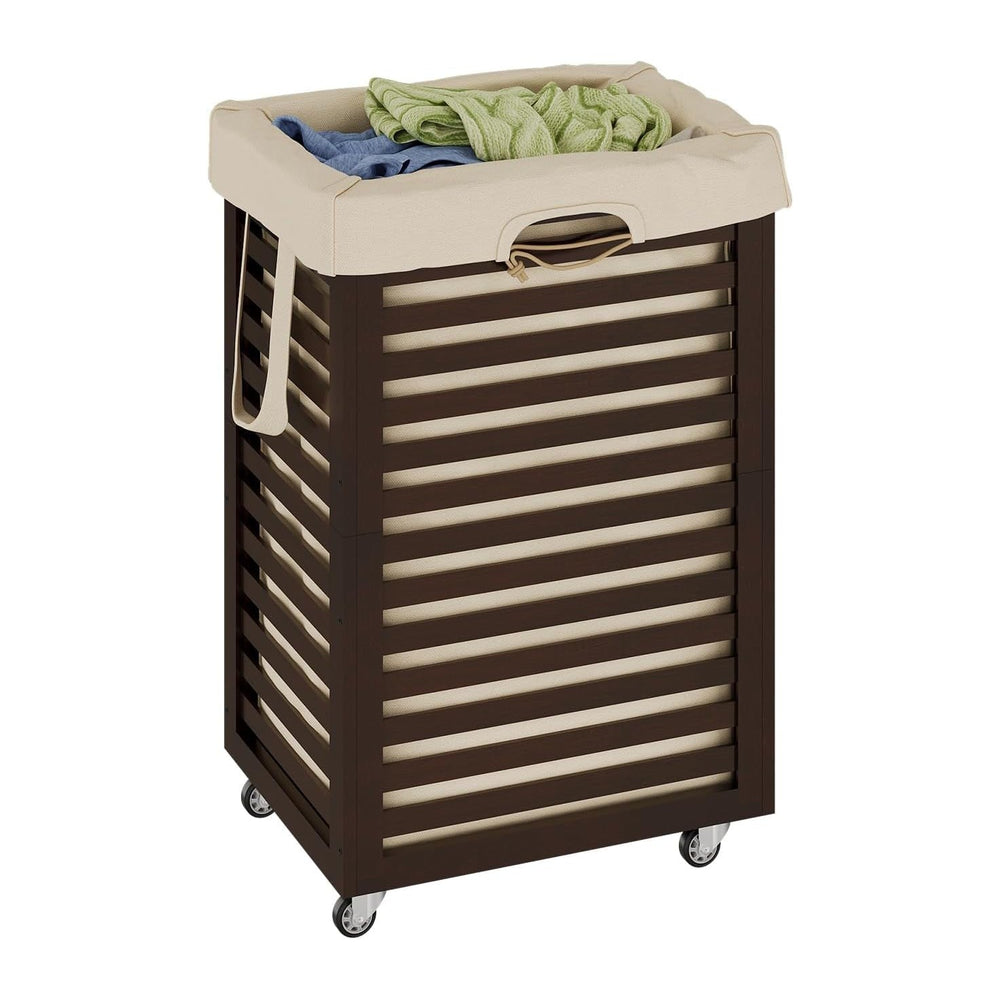 Bamboo Rolling Laundry Hamper 85L Clothes Storage Pin with Removable Liner