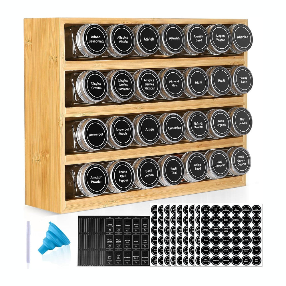 Bamboo Spice Rack Organizer With 28 Glass Spice Jars 4 oz, for Countertop