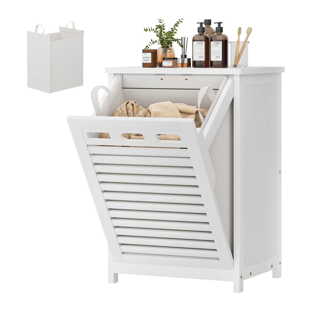 Bamboo Tilt Out Laundry Hamper Cabinet with 15.5 Gal Removable Bag, White