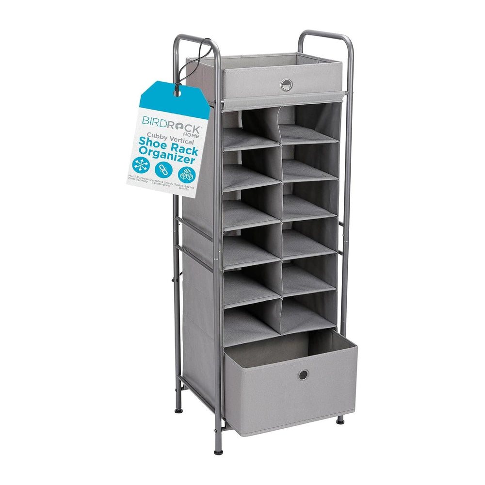 BIRDROCK HOME 12 Cubby Vertical Shoe Rack Organizer with Large Drawer - Grey ...