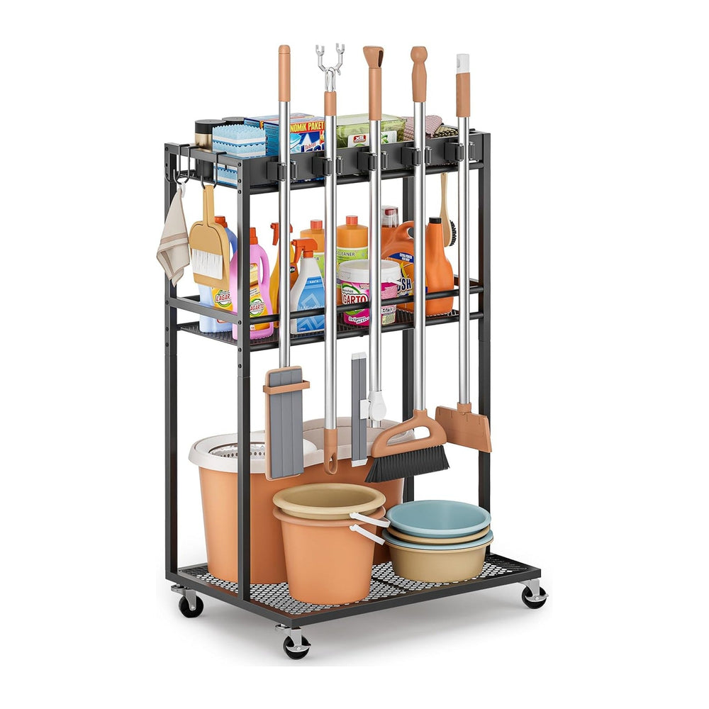 Broom Holder with Cleaning Supplies Organizer, Broom Closet Storage Cabinet w...