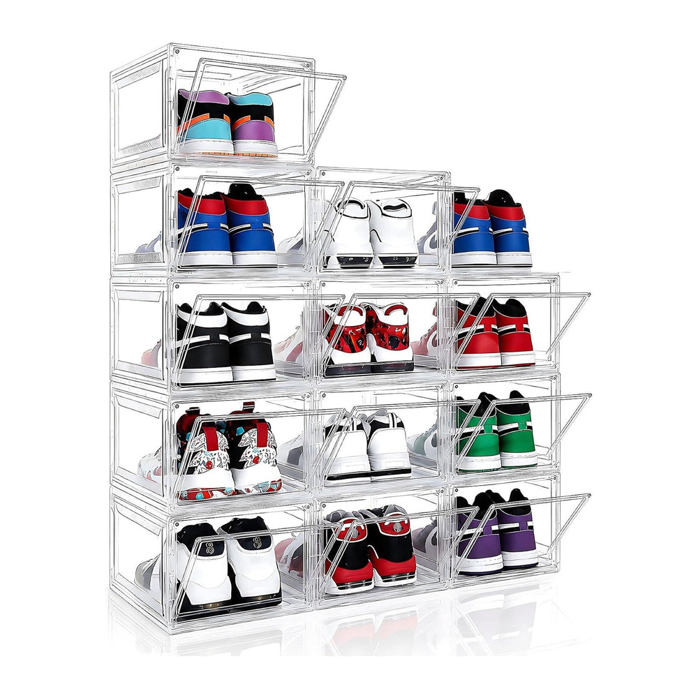 BVBOX 12 Pack Acrylic Shoe Storage Boxes with Magnetic Door - 360° Clear Stac...