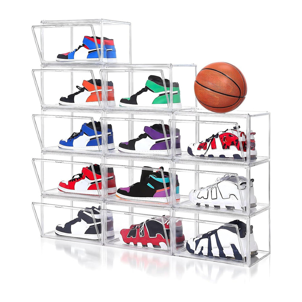 BVBOX 12 Pack Acrylic Shoe Storage Boxes with Magnetic Door - 360° Clear Stac...