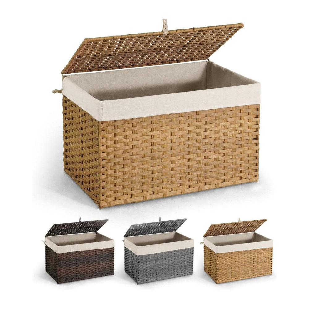 CAPHAUS Handwoven Synthetic Rattan Storage Basket w/Lid, Foldable Clothes Bas...