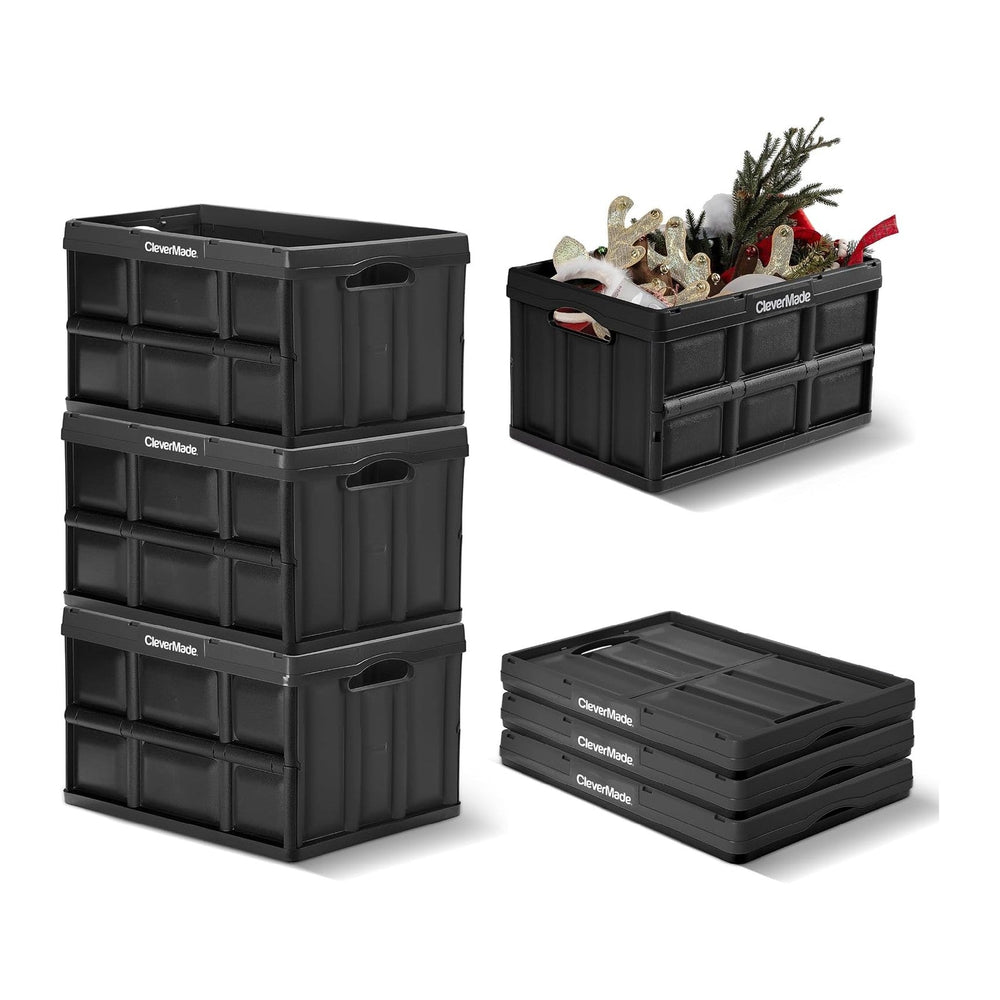 CleverMade Collapsible Storage Bins, 46L 3 Pack, 75 lb Stackable, Obsidian