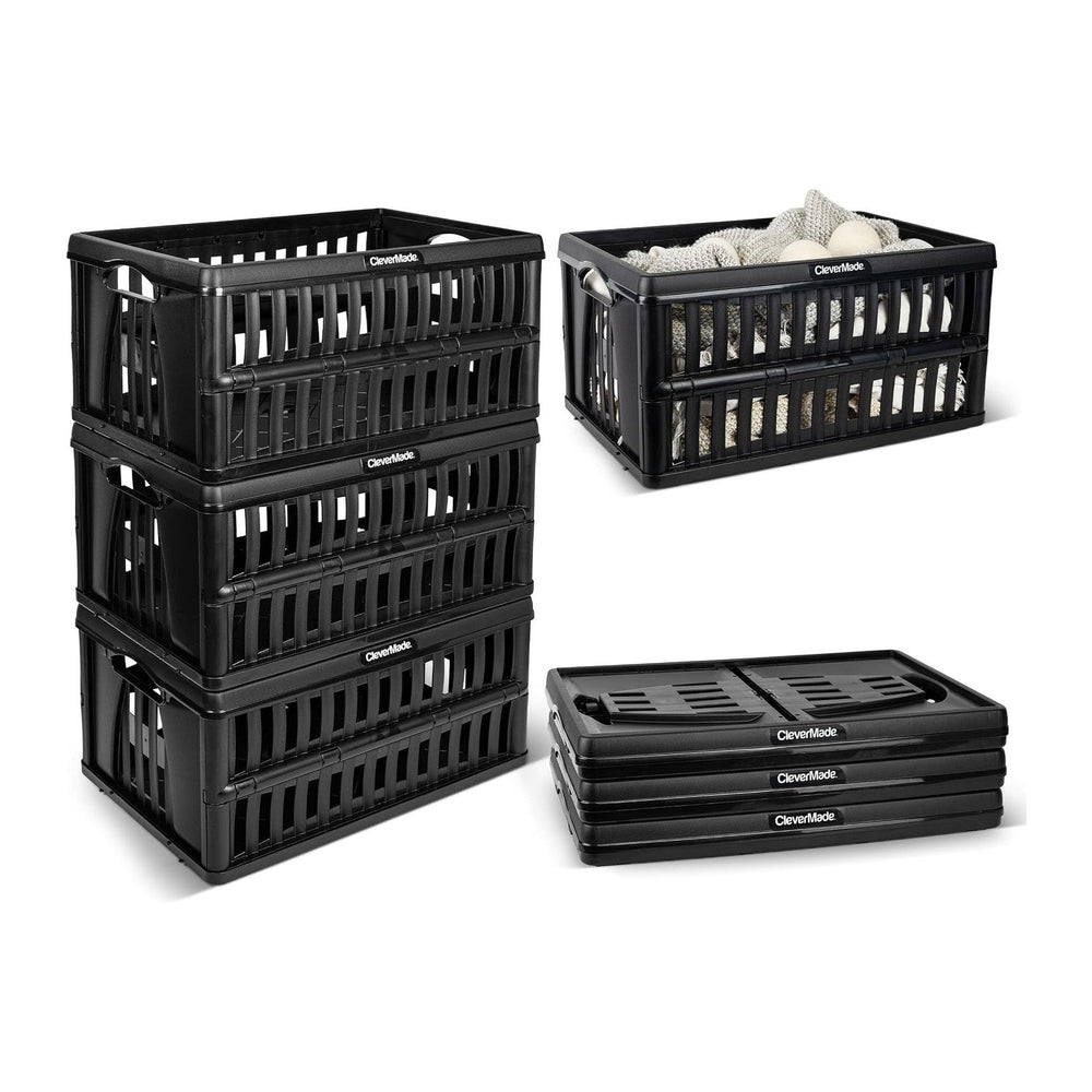 CleverMade Collapsible Utility Crates, 60L Storage Crate, 3 Pack, Obsidian