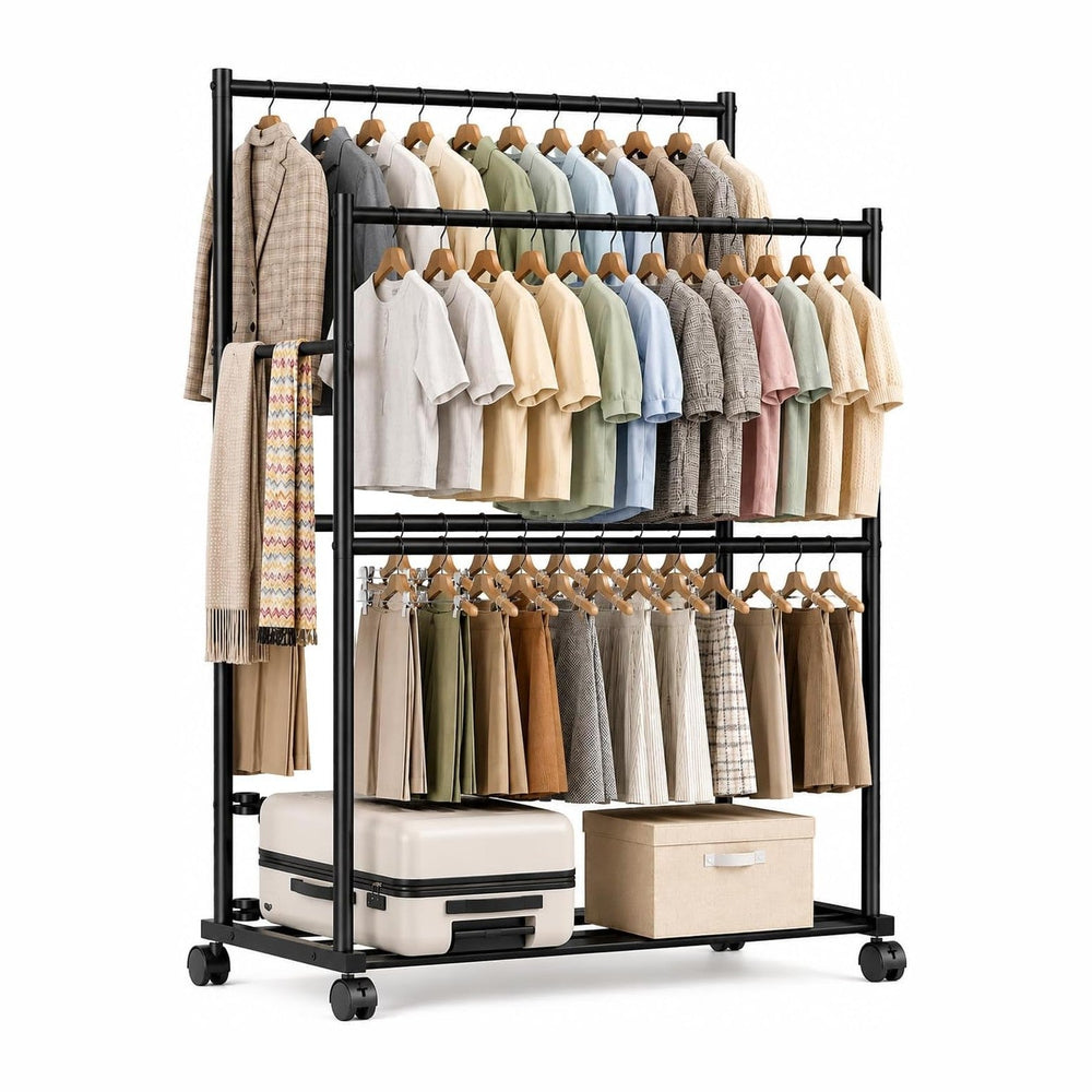 Clothes Rack - 36.2" x 21.3" x 72", 4-Bar Double Rod Rolling M...