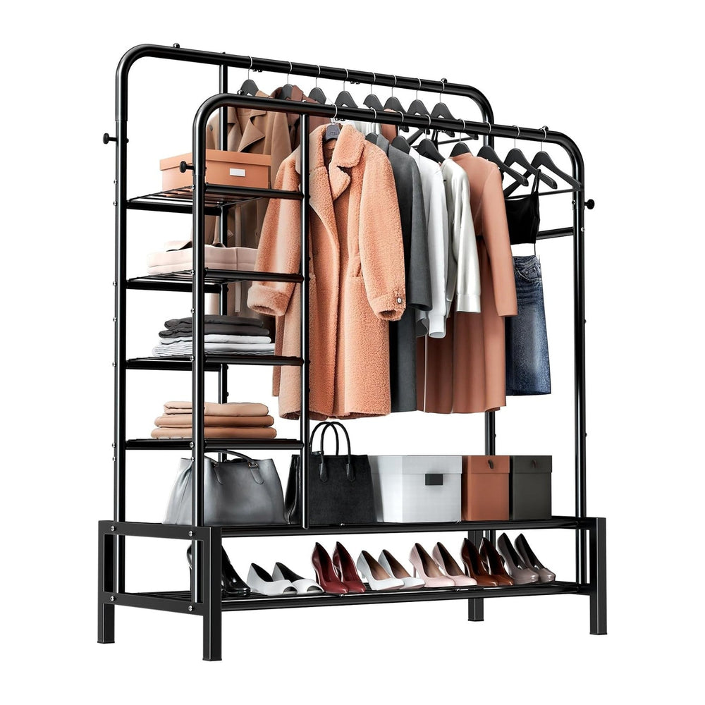 Clothes Rack with Shelves, Double Rods Clothing Rack for Bedroom, Black