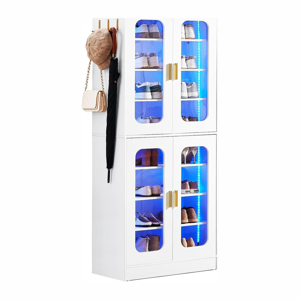 Cyclysio Tall LED Shoe Cabinet with Adjustable Shelves, White