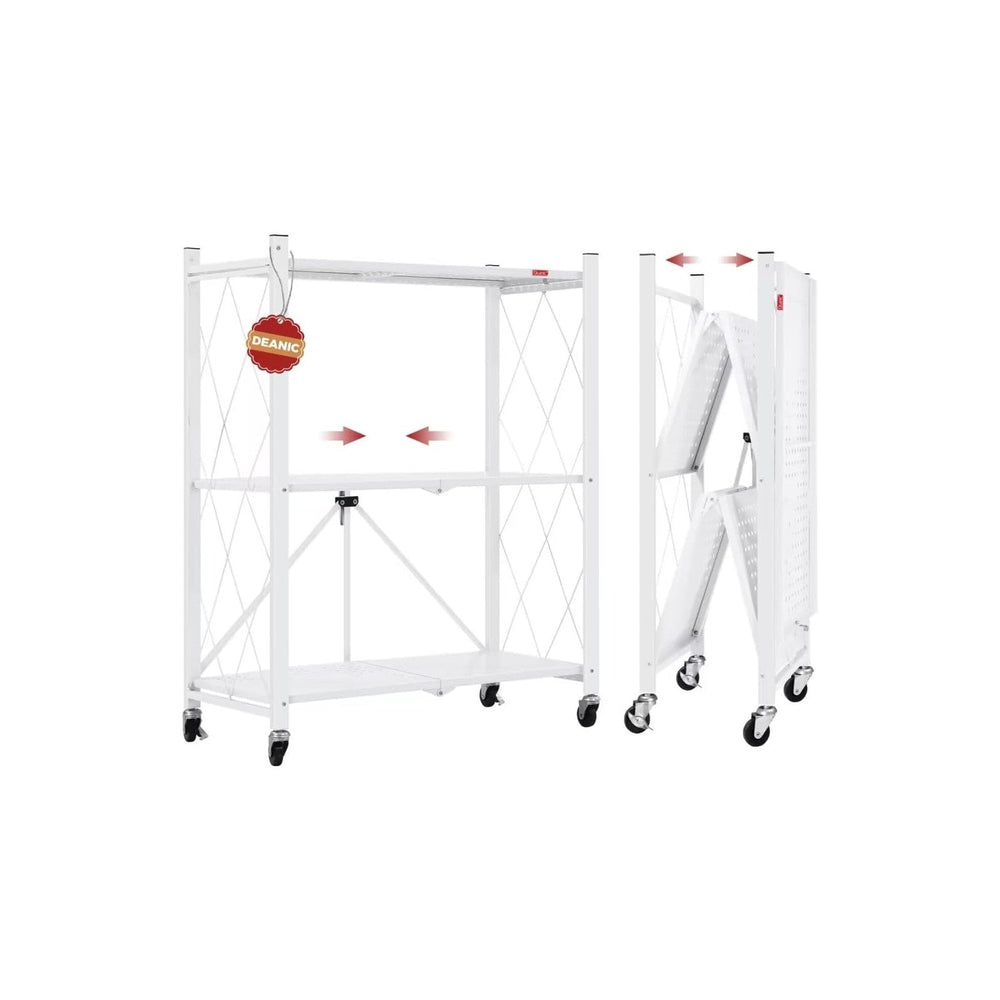 DEANIC 3 Tier Foldable Storage Shelves with Wheels, Kitchen Appliance Stand, ...