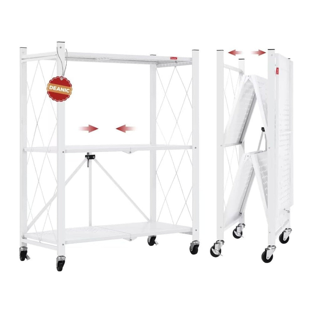 DEANIC 3 Tier Foldable Storage Shelves with Wheels, Kitchen Appliance Stand, ...