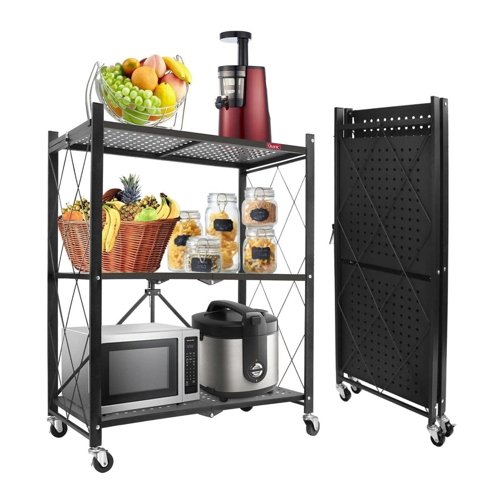 DEANIC 3 Tier Foldable Storage Shelves with Wheels, Kitchen Appliance Stand, ...