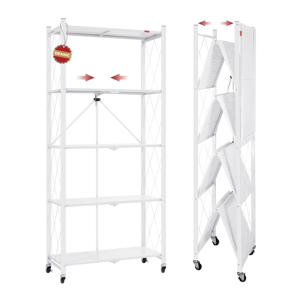 DEANIC 5 Tier Foldable Storage Shelves with Wheels, Large Capacity Shelving U...