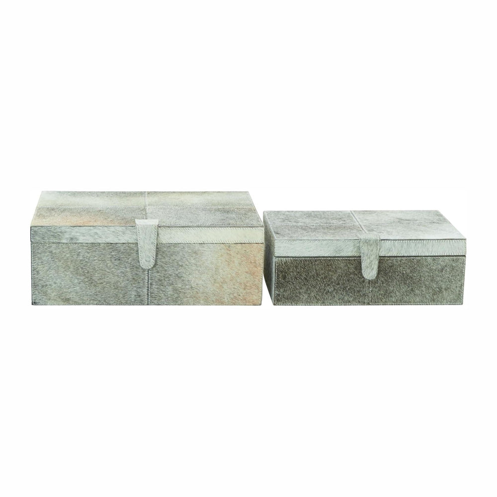 Deco 79 Leather Handmade Box with Hinged Lid, Set of 2 17", 14"W, Gray