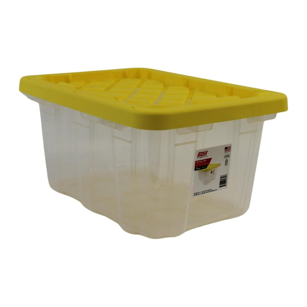 Edge Plastics 5 Gallon Tough Tote, Clear Base with Yellow Lid, 5-Pack