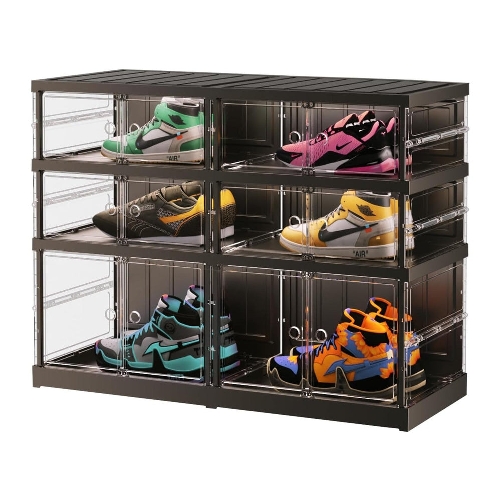 EHAMILY 3-Tier Foldable Shoe Rack, Magnetic Clear Doors, 12 Pairs, Black