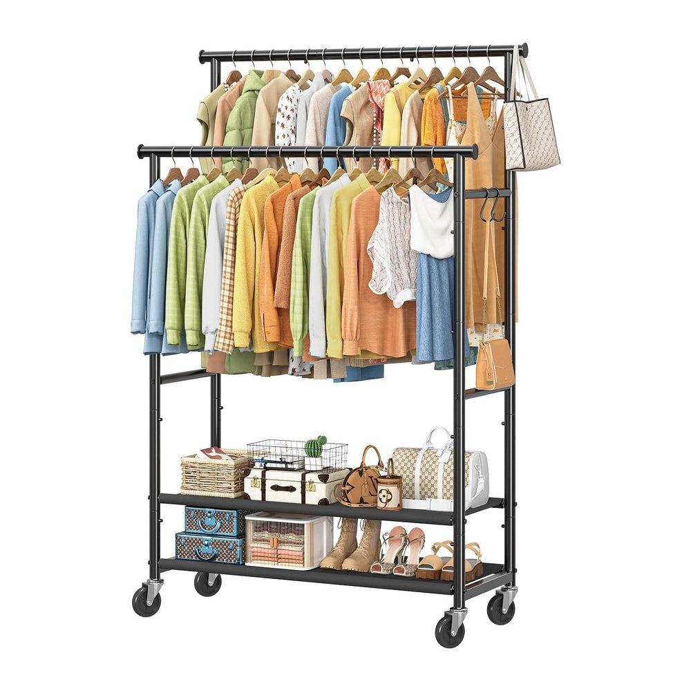 Ekisemio Double Rods Clothes Rack for Hanging Clothes, Rolling Clothing Rack ...