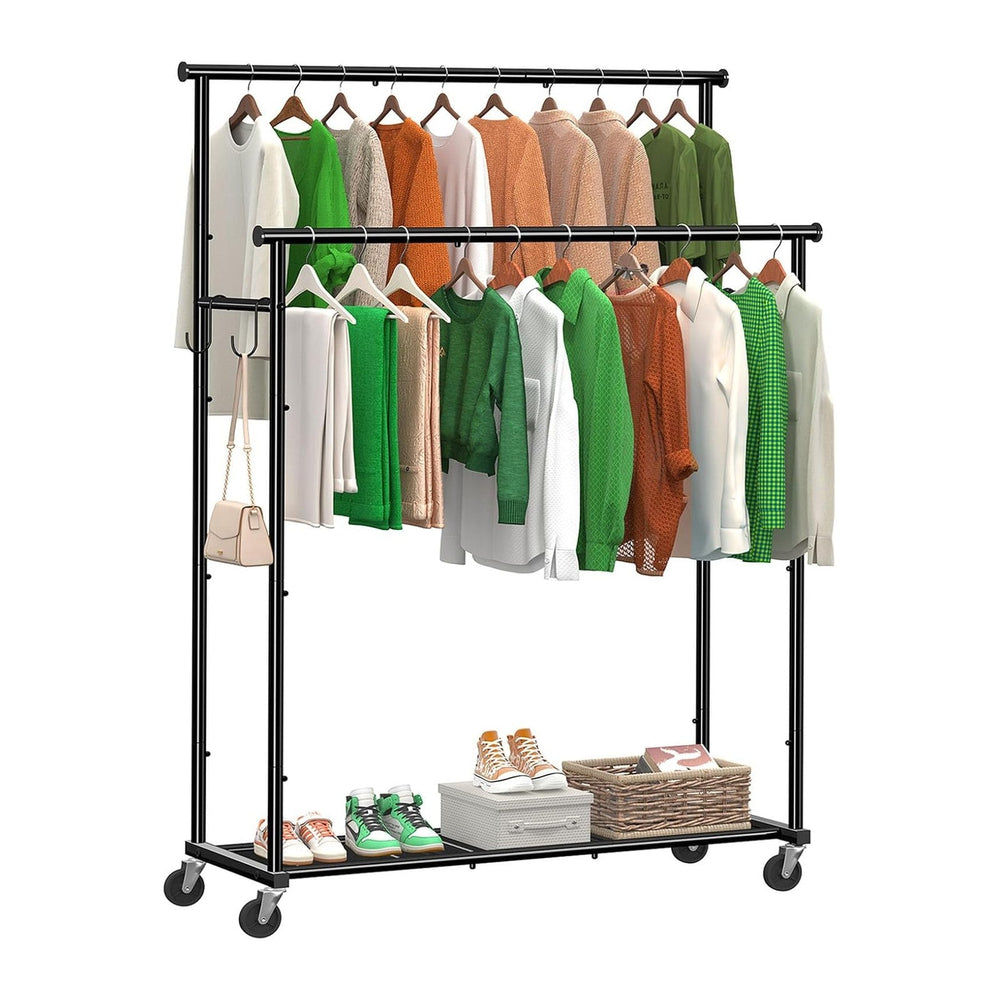 Ekisemio Double Rods Clothes Rack with Wheels Load 400 LBS, 45 Inch Rolling C...