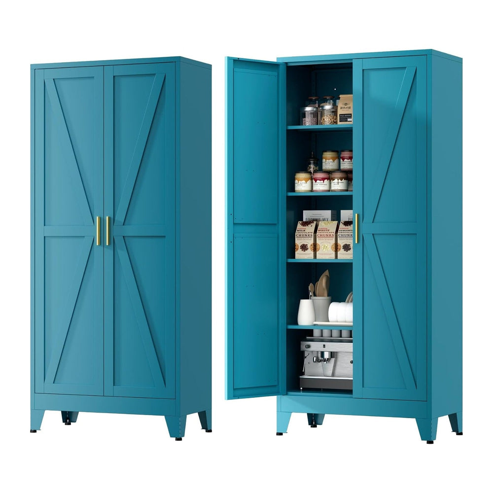 Farmhouse Pantry Cabinet with Barn Doors, 71" H x 31.5" W, 5-Tier M...