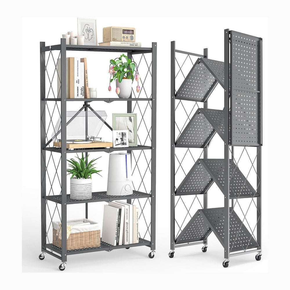 Fenbeli Foldable Shelves with Wheels - 5 Tier Folding Shelf, Collapsible No A...