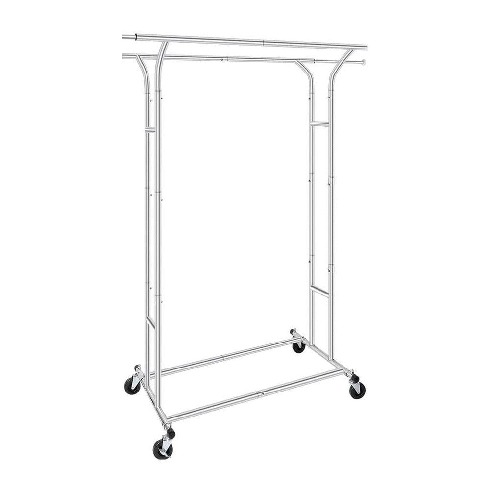 Fishat Silver 60" H Heavy Duty Double Rod Rolling Garment Clothes Rack