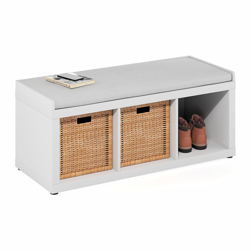 Furinno Cubicle Storage Bench, Shoe Bench with Padded Seat Cushion, 3-Cube Op...