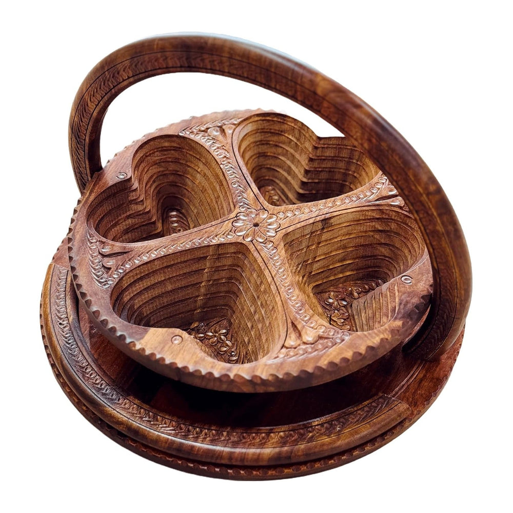Handmade 14″ Collapsible Wooden Basket, 4-Compartment Heart Design in Himalay...
