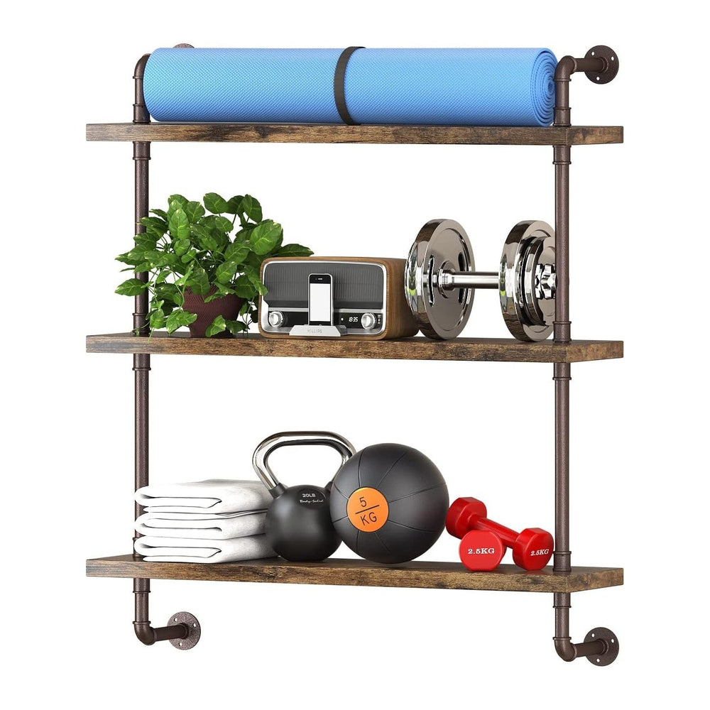 Helsin 3 Tier Industrial Pipe Shelf Rustic Wood Floating Wall Display Bookshe...