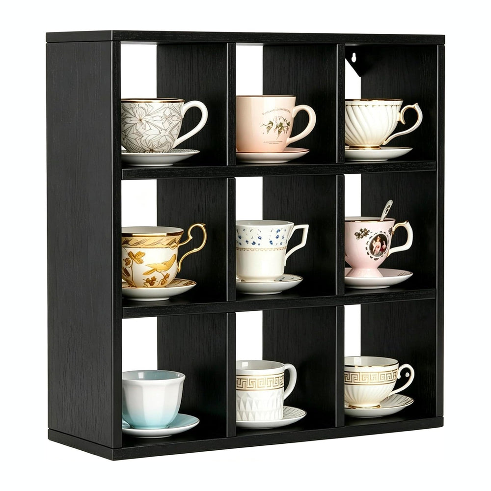 Helsin 9 Grid Vintage Coffee Mug Display Rack, 16inch Wall Mounted Wooden Cur...
