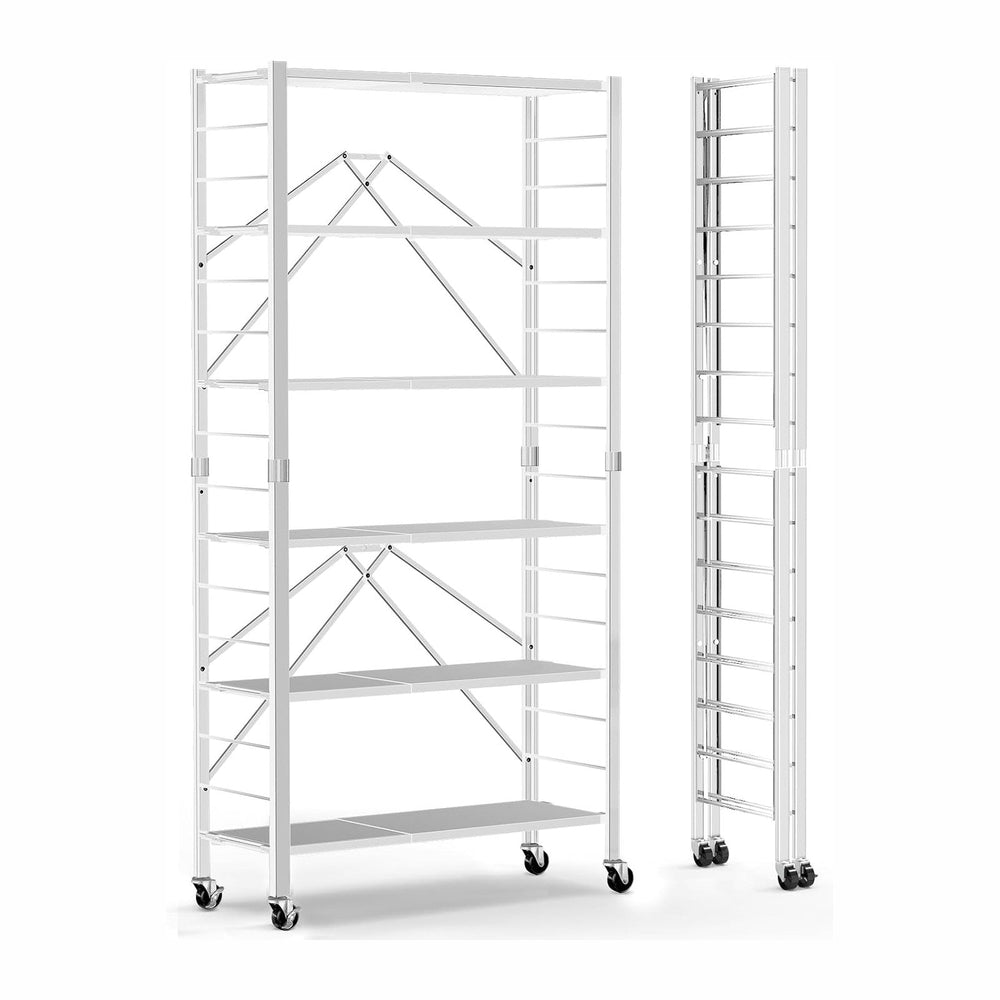 Himix 6-Tier Foldable Storage Shelves Expandable Shelf Wheels White 2-in-1