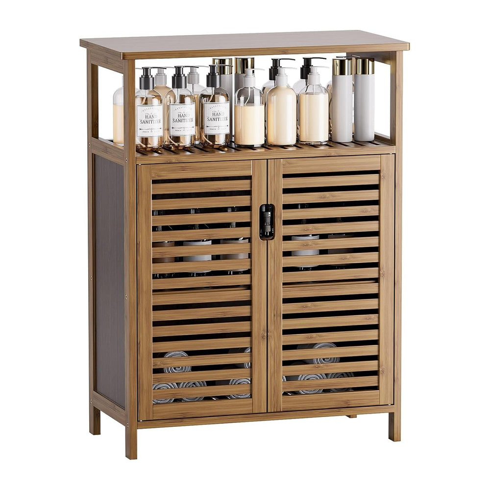 HITNET Bathroom Storage Cabinet, Bamboo Floor Cabinet with Double Doors and O...