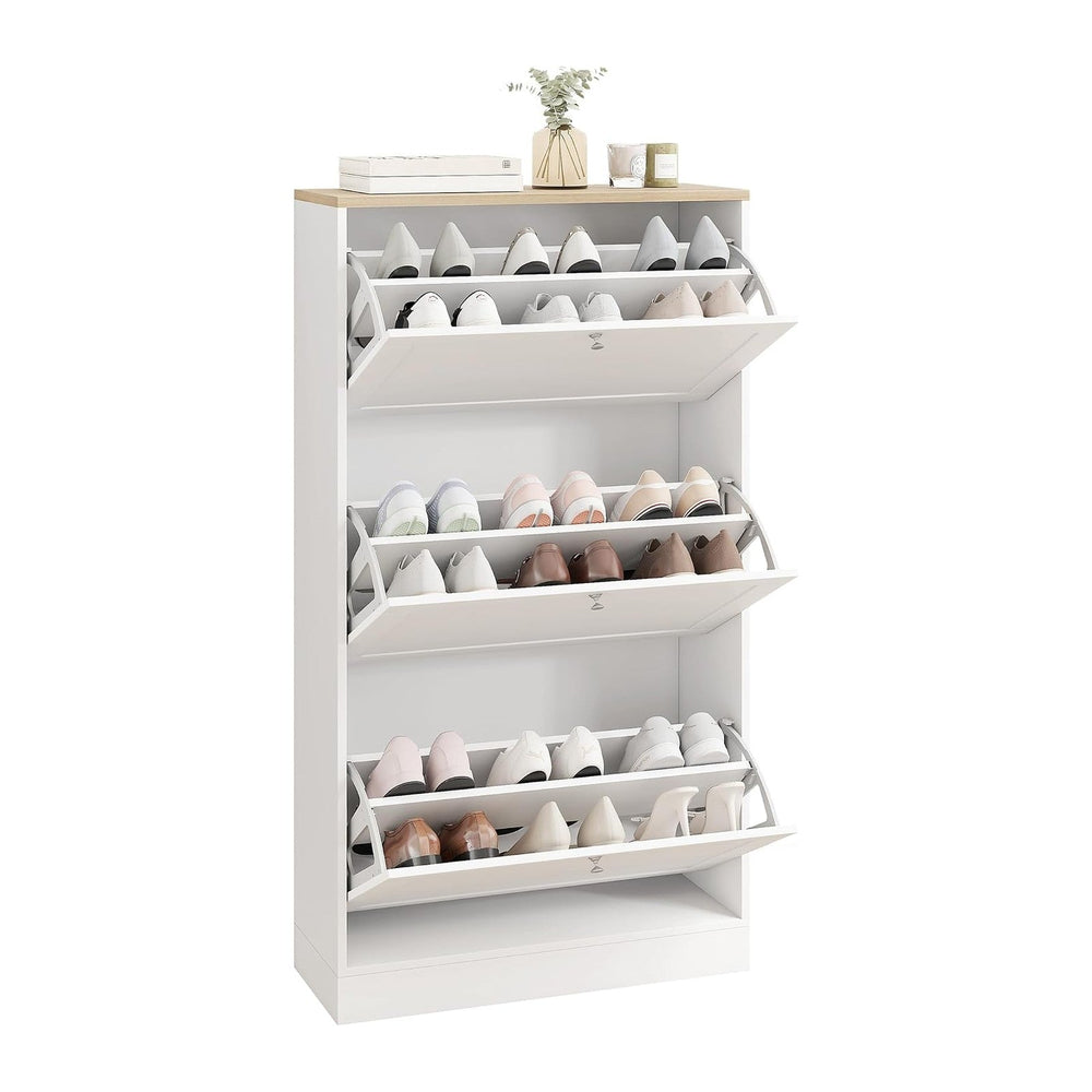 HOMCOM Shoe Storage Cabinet with 3 Flip Drawers, Adjustable Shelves, White