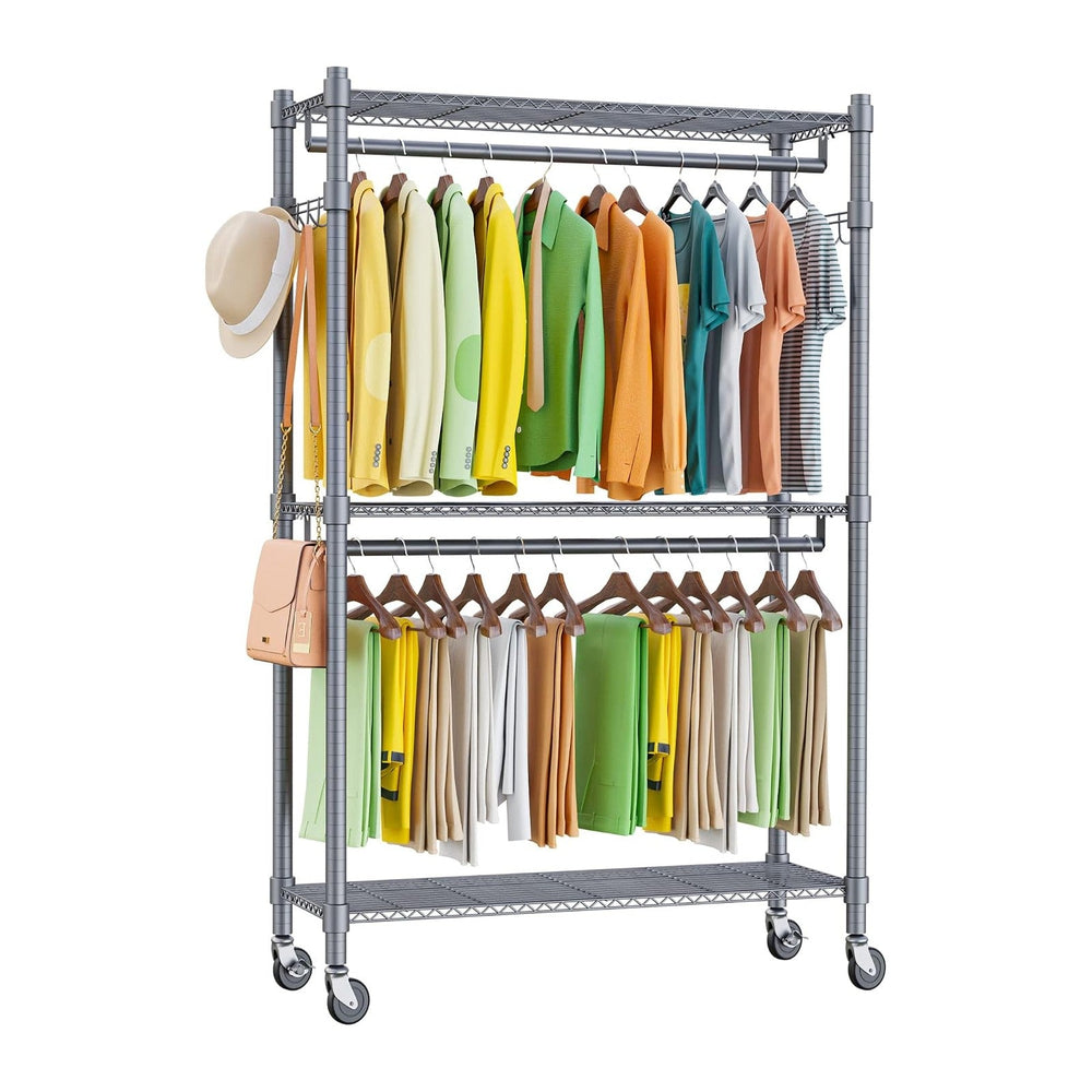 Homdox Garment Rolling Rack Clothing Rack with Double Clothes Rods and Lockab...