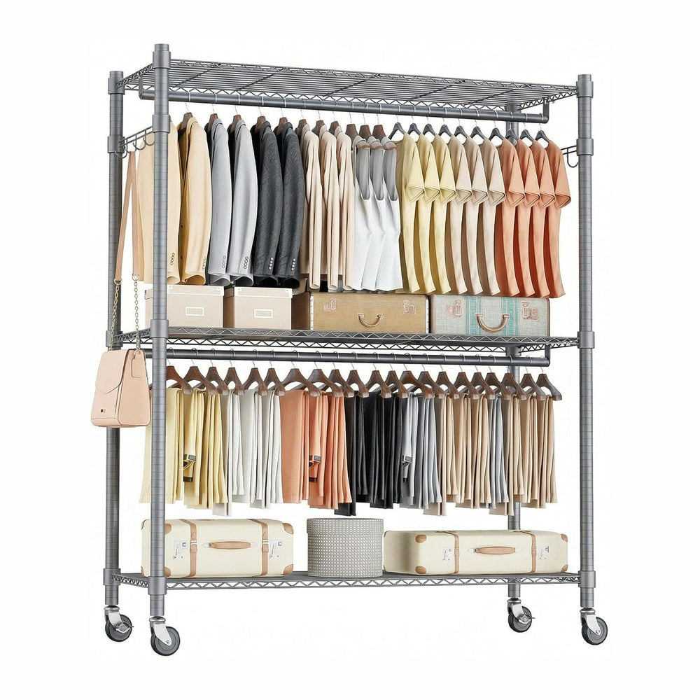 Homdox Rolling Clothes Rack Heavy Duty, 3-Tier Adjustable Wire Shelving Garme...