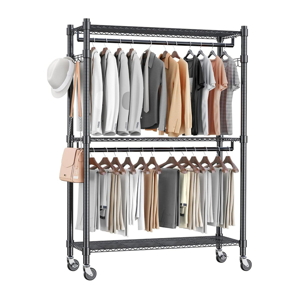 Homdox Rolling Garment Rack with Double Rod, Heavy Duty Clothing Rack with Sh...