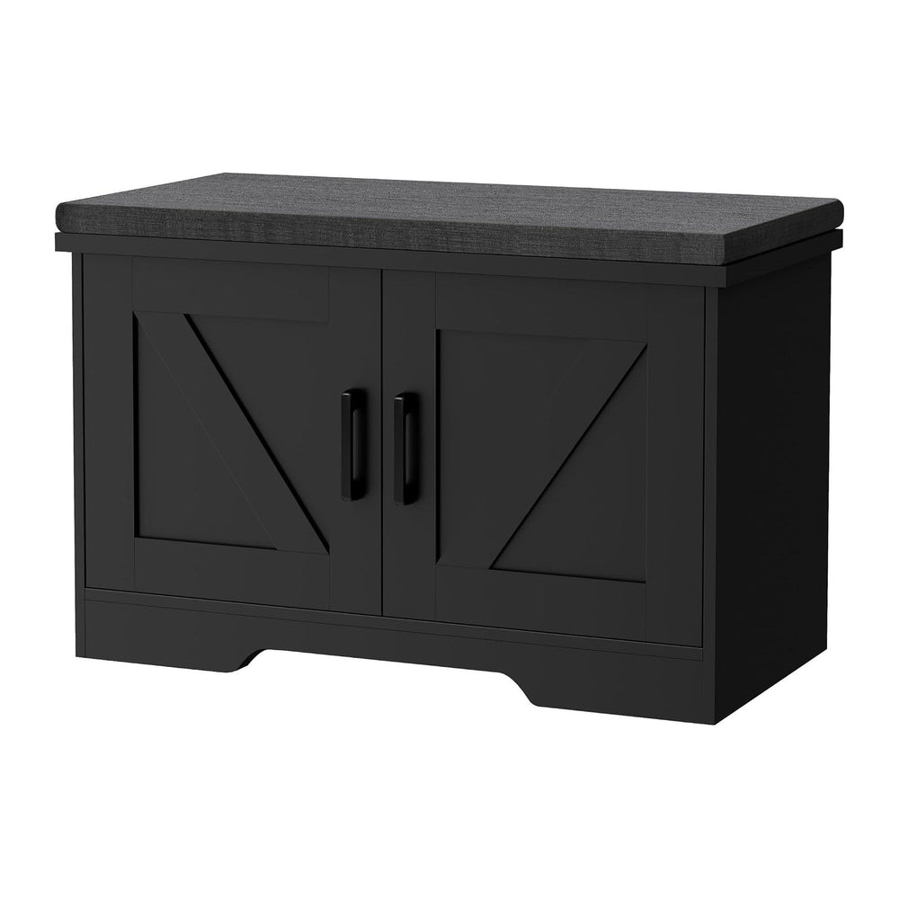 HOMSHO Farmhouse Shoe Storage Bench with 2 Barn Doors & Padded Seat Cushion