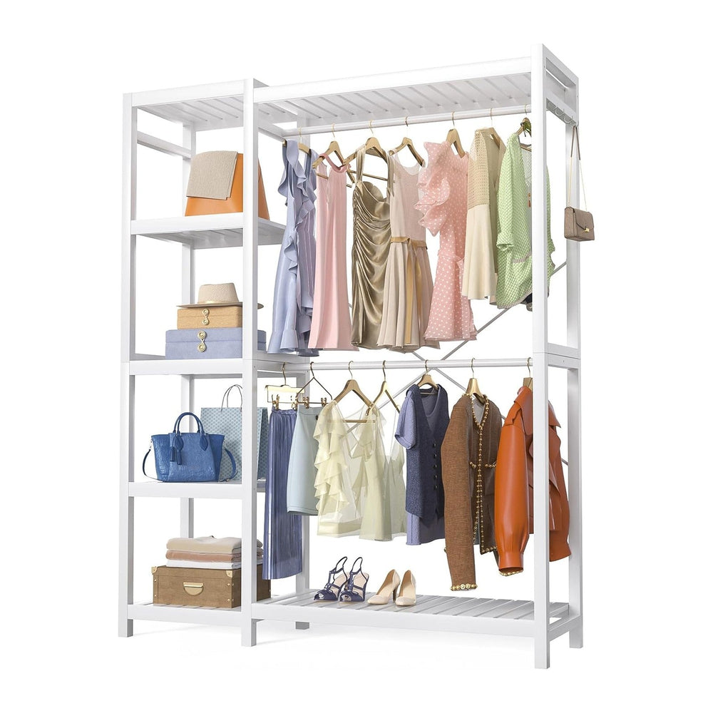 Homykic Bamboo Clothing Rack with 7 Adjustable Shelves, 2 Hang Rods, White