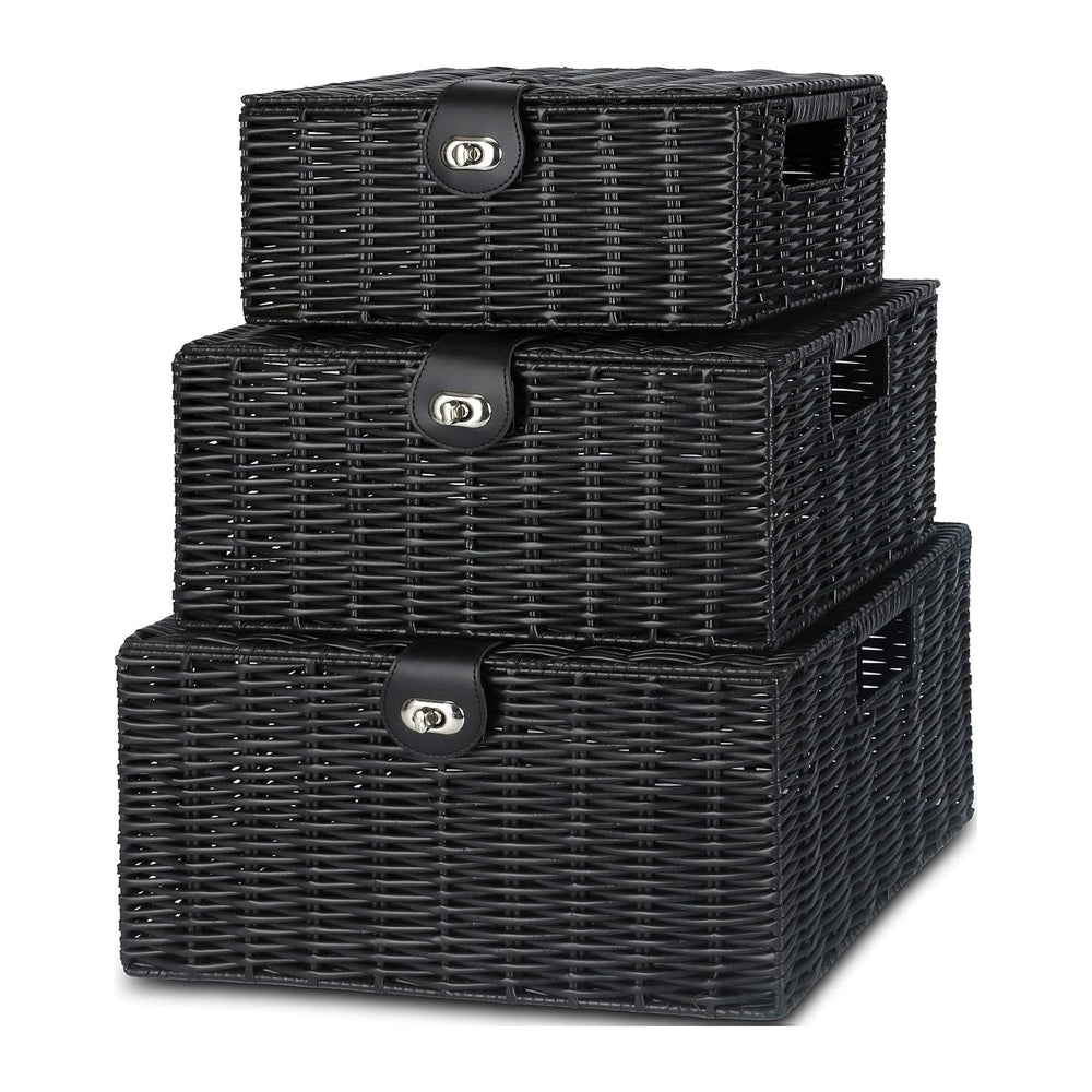 Honygebia Black Wicker Storage Baskets - Set of 3 Decorative Nesting Boxes wi...