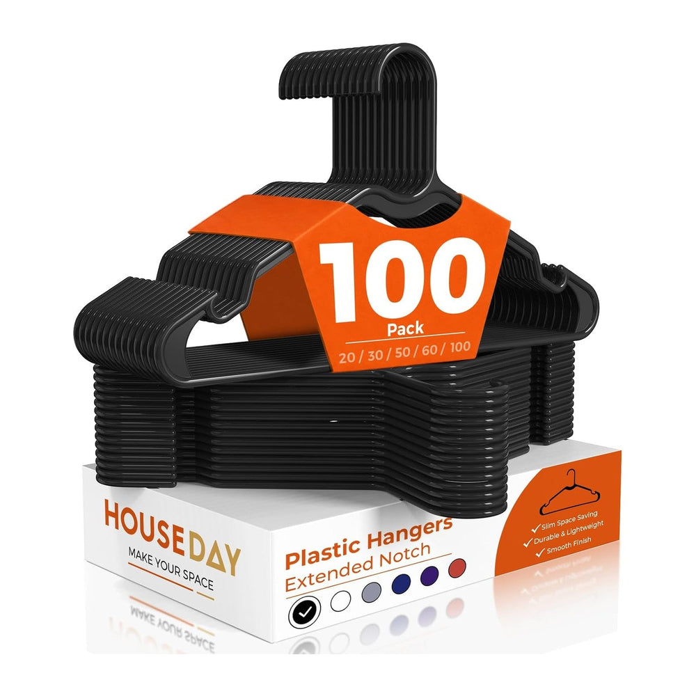 HOUSE DAY Black Plastic Hangers 100 Pack, Slim Clothes Hangers for Closet