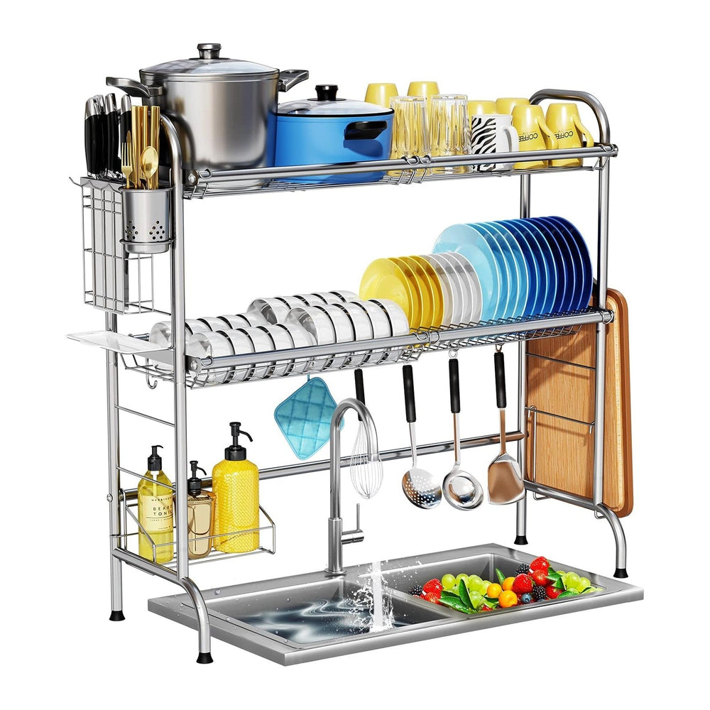 HOWDIA Stainless Steel 2-Tier Over The Sink Dish Drying Rack with Utensil Hol...