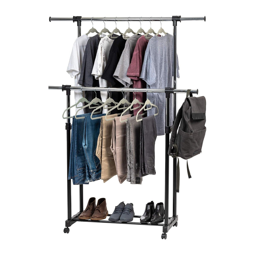 IRIS USA Portable Double-Rod Height Adjustable Clothes Rack with Extendable B...
