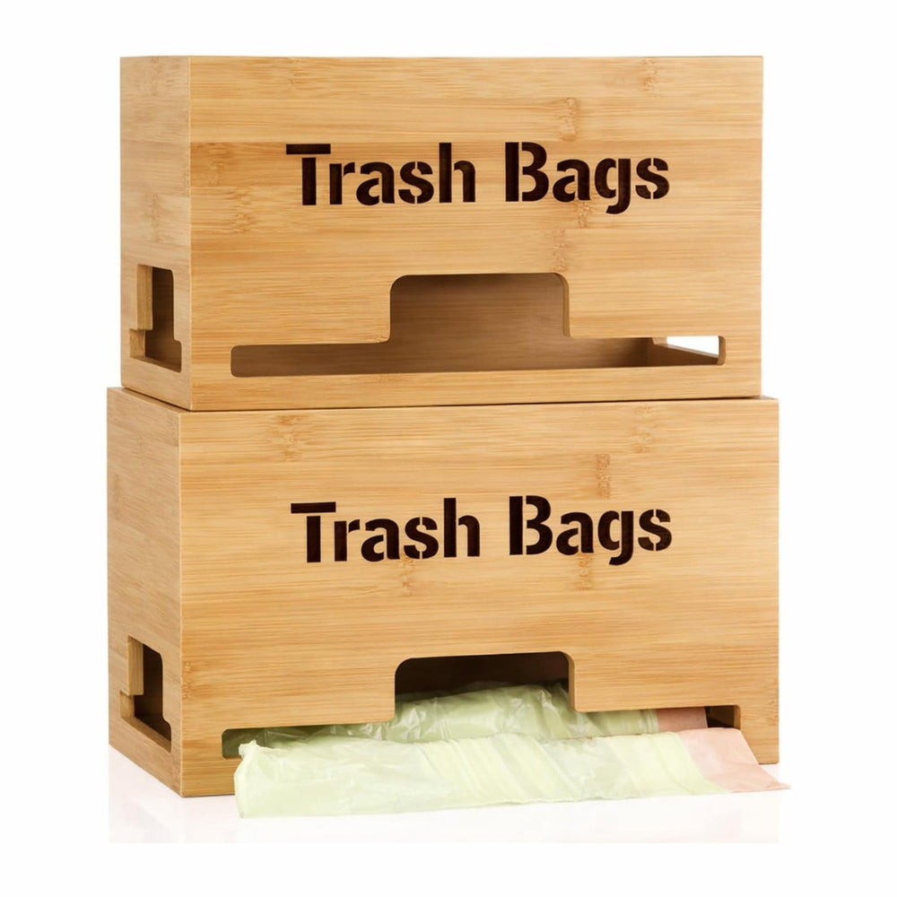 Kathfly 2 Pcs Bamboo Trash Bag Holder Dispenser Stackable Garbage Bag Dispens...
