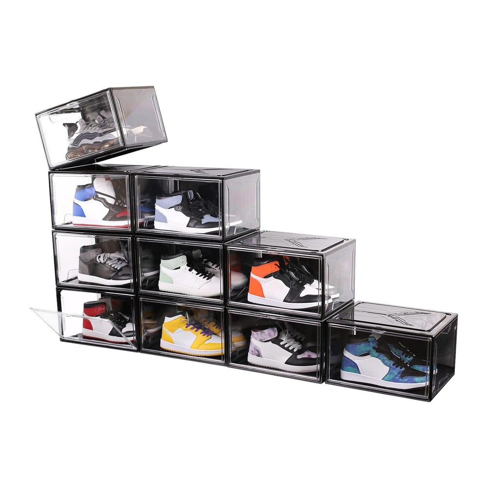 KDOR Shoe Boxes Black Plastic Stackable 10 Pack Sneaker Storage Boxes with Ma...