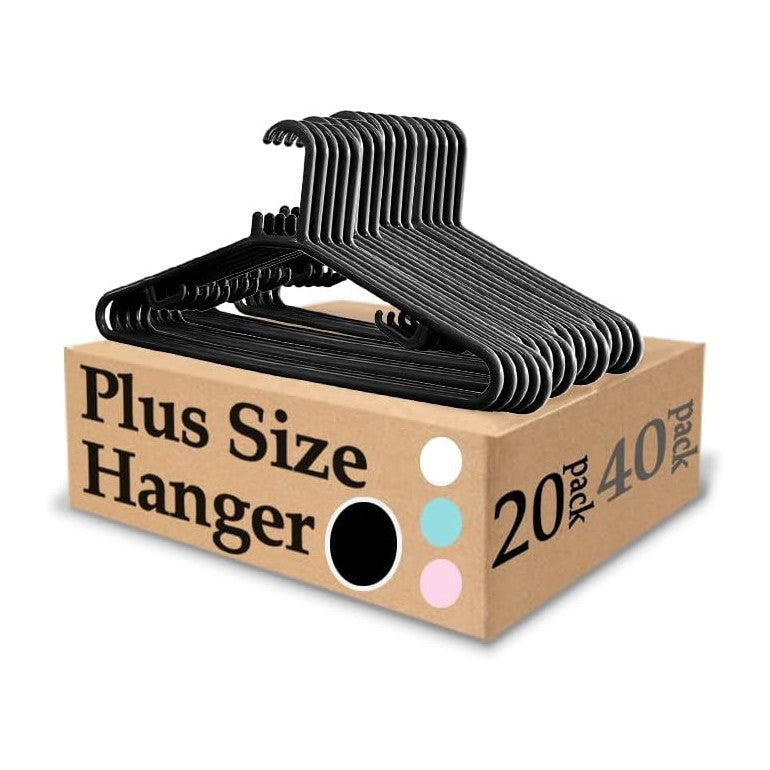 KNM Extra Wide 19 Inch Hangers for Plus Size Clothes, Black, 20 Pack