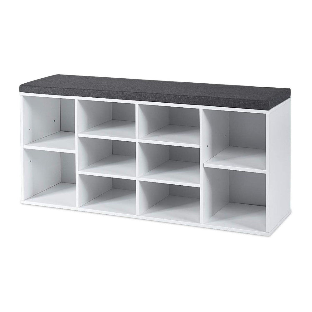 KOTEK Wooden Shoe Bench with Cushion, 10-Cube Shoe Rack Cabinet w/Adjustable ...