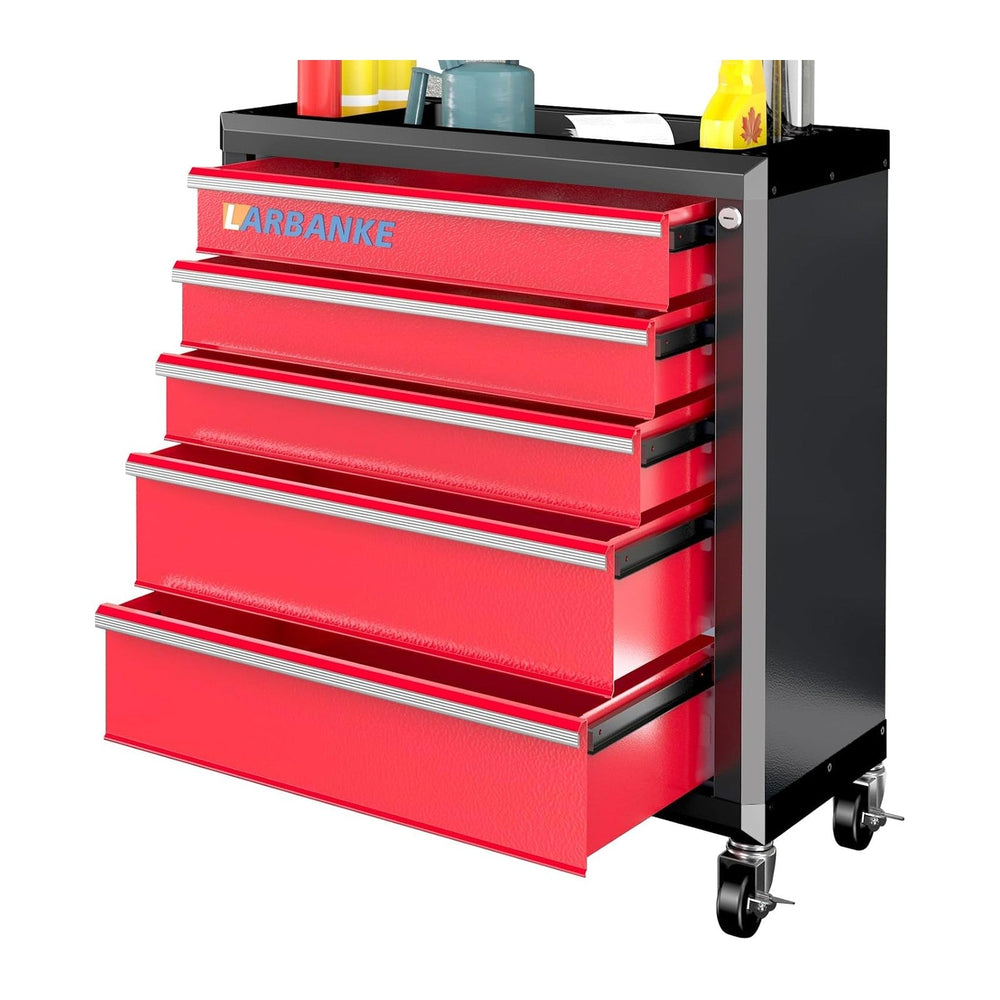 LARBANKE 5-Drawer Rolling Tool Chest with Wheels and Lock, Red & Black