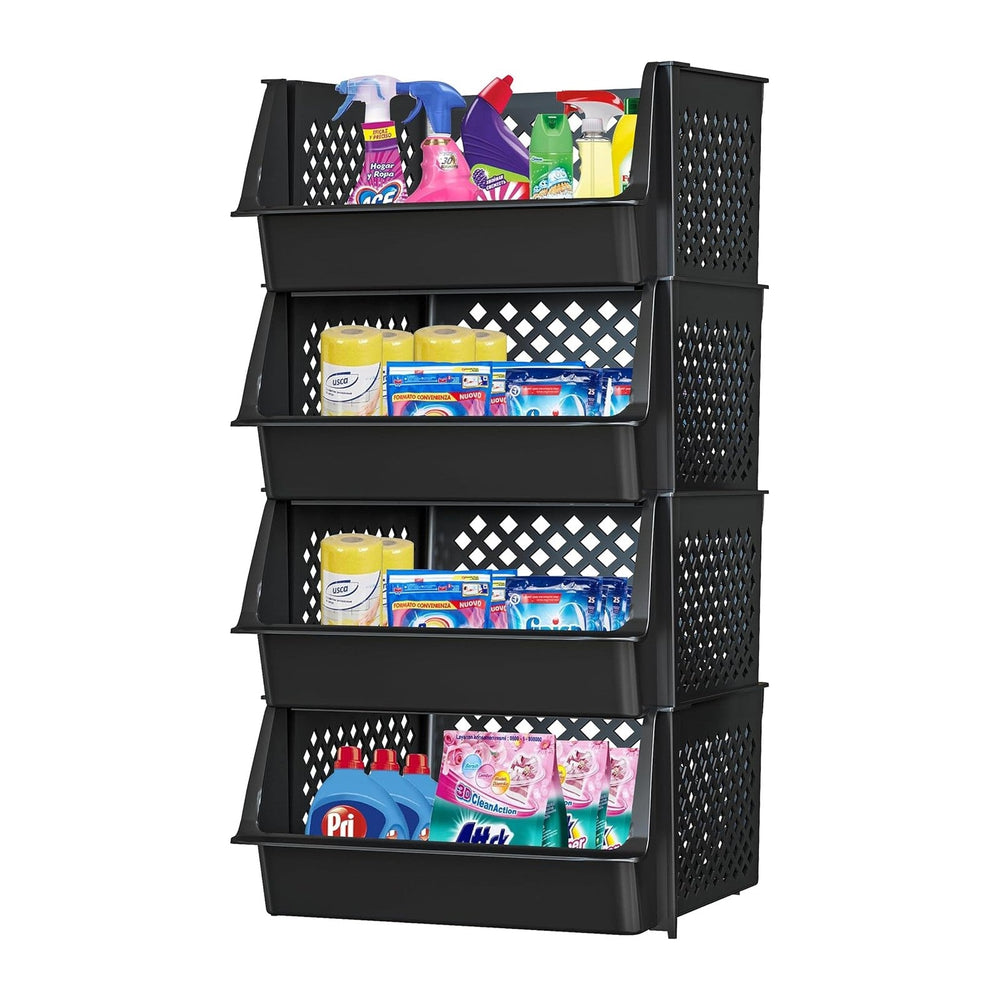 Large Stackable Storage Bins Open Front for Pantry Storage, 4 Pack - Black
