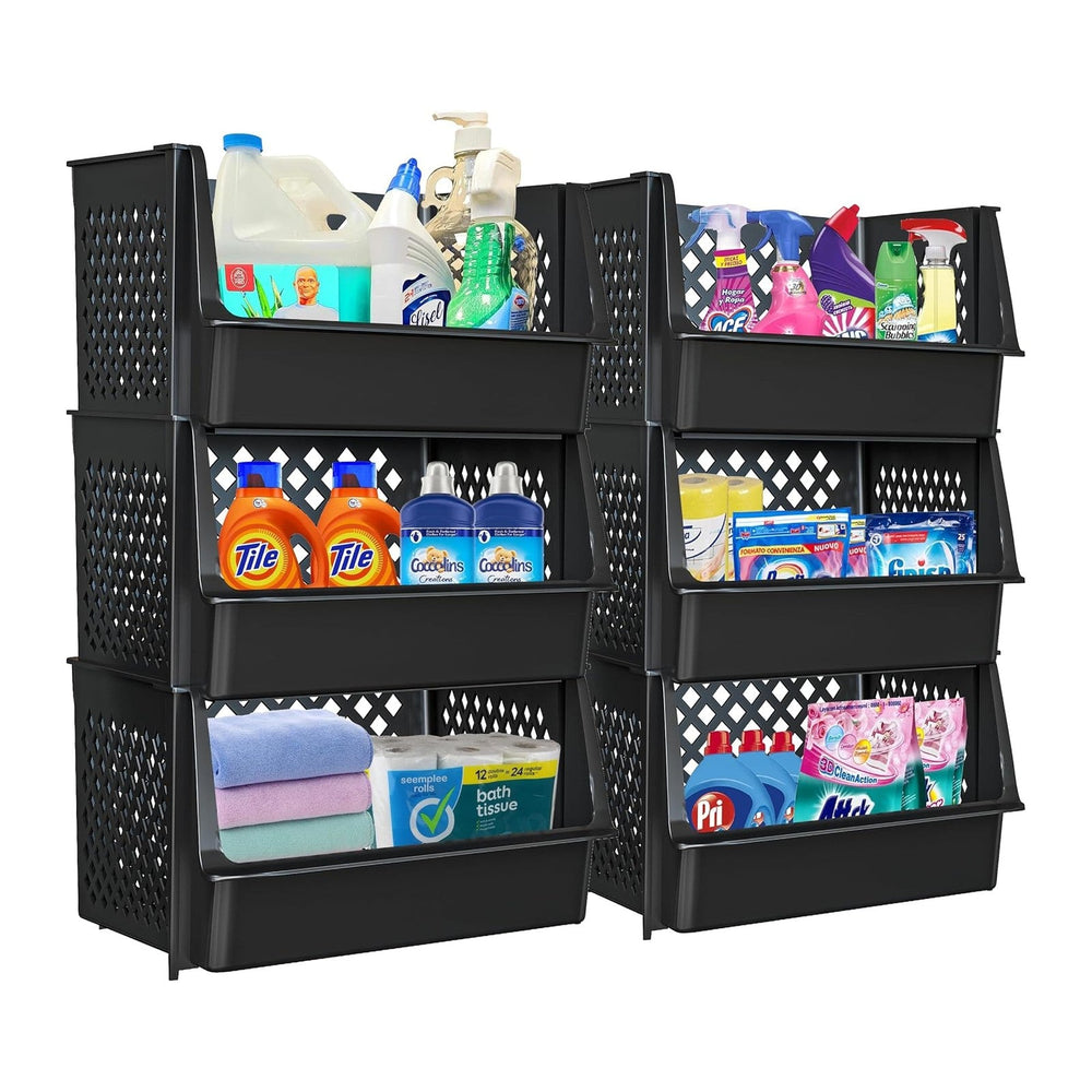 Large Stackable Storage Bins Open Front for Pantry Storage, 6 Pack - Black